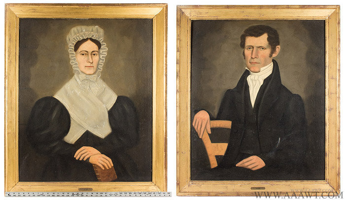 Erastus Salisbury Field (1805 to 1900), Pair of Folk Art Portraits, Man and Woman
New England, Circa 1830's, entire view